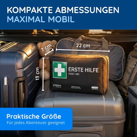 FLEXEO KFZ-Verbandtasche nach aktueller DIN 13164 | Europaweit gültig, gemäß StVZO | inkl. 2 med. Gesichtsmasken | Erste Hilfe Tasche, Set, Verbandskasten, Auto, PKW | Schwarz
