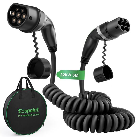 ECOPOINT Typ 2 Ladekabel für Elektrofahrzeuge, 22 kW, tragbares 3-Phasen 32A,Mennekes Mode 3 Ladekabel für EV und PHEV (5M Spiral Kabel)