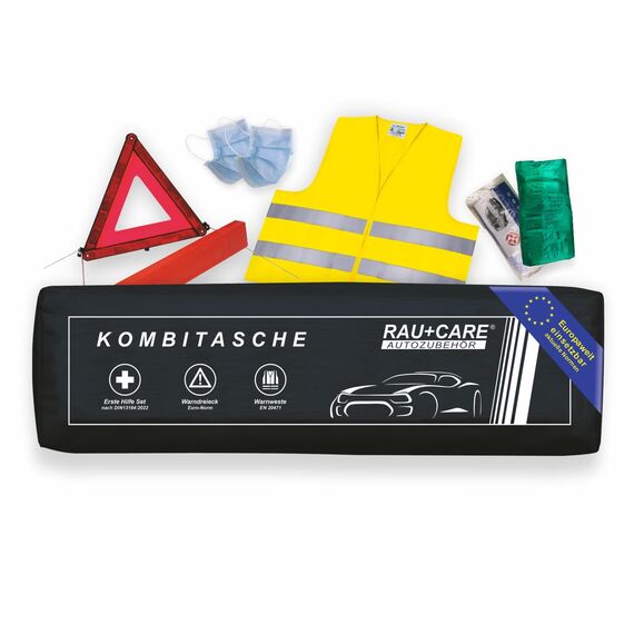 Rau Kfz Kombitasche schwarz 3 in 1 aktuell 2026 – Alles inklusive : Warndreieck + Warnweste + Verbandtasche DIN 13164 + Masken – geprüft StVO konform - Europaweit einsetzbar – Pannenset - Notfallset