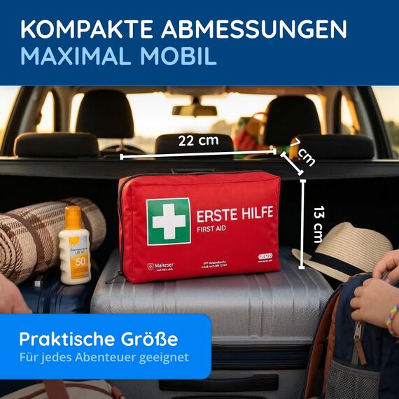 FLEXEO KFZ-Verbandtasche nach aktueller DIN 13164 | Europaweit gültig, gemäß StVZO | inkl. 2 med. Gesichtsmasken | Erste Hilfe Tasche, Set, Verbandskasten, Auto, PKW | Rot