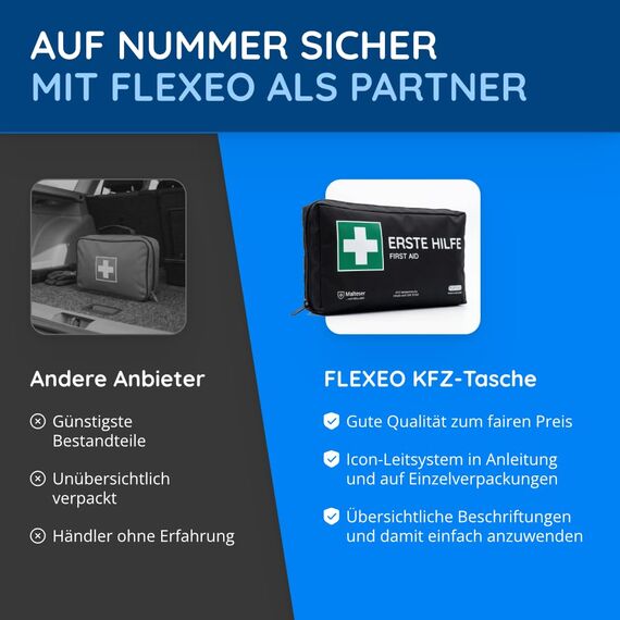 FLEXEO KFZ-Verbandtasche nach aktueller DIN 13164 | Europaweit gültig, gemäß StVZO | inkl. 2 med. Gesichtsmasken | Erste Hilfe Tasche, Set, Verbandskasten, Auto, PKW | Schwarz