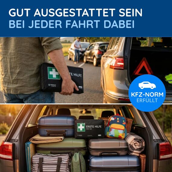 KFZ-Verbandtasche DIN 13164 - Verbandskasten Auto, Erste Hilfe Kasten Auto, Verbandkasten PKW, Motorrad, KFZ Set, Schwarz, Verbandstasche