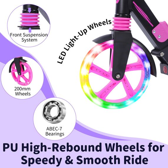 BELEEV Big Wheel Scooter mit LED Leuchtenden Lenksäule, Deck, Wheels, Höhenverstellbar, ABEC-9, 200mm Räder,Federung,Tragegurt, Faltbare Cityroller Kinder ab 6 Jahre,Jugendliche,Erwachsene, Tretroller