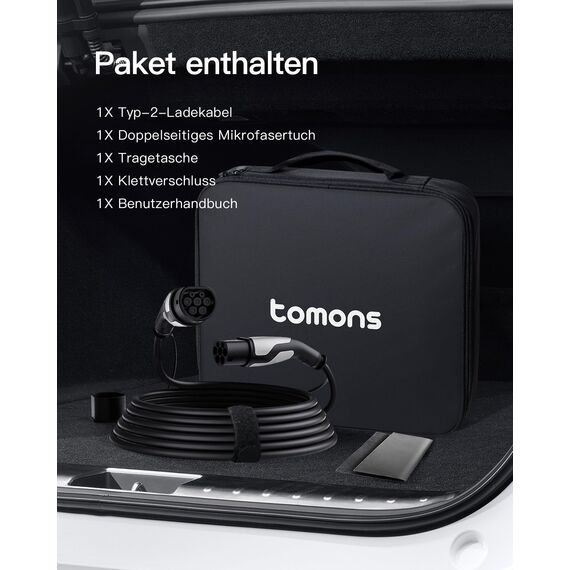 tomons Typ 2 Ladekabel, 22KW 5M 32A 3-Phasig,Elektroauto Typ 2 für EV/PHEV, Typ 2 auf Typ 2 EV mit Tragetasche und Mikrofasertuch für Model S/3/X/Y, ID.3, ID.4