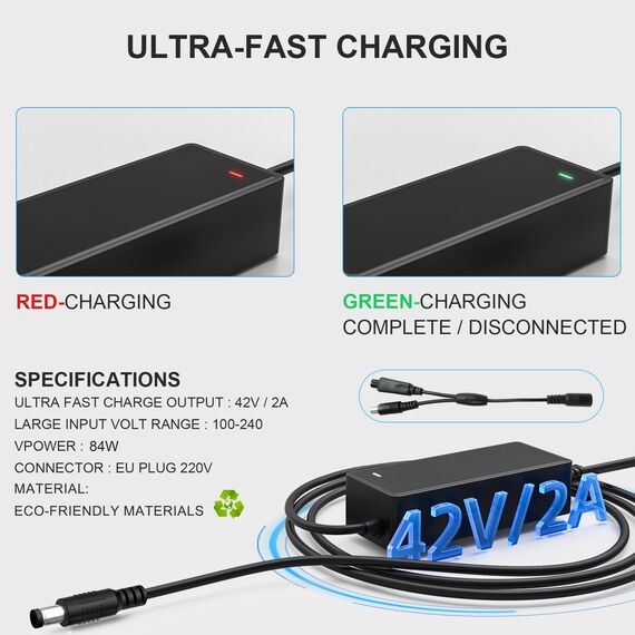 Mezelon E Scooter Ladegerät, Universal 42V 2A Ladekabel für 36V Akku Elektroroller/Hoverboard/E-Bike, AC Netzteil Ladegerät mit 3 Anschlussköpfen Ausgestattet