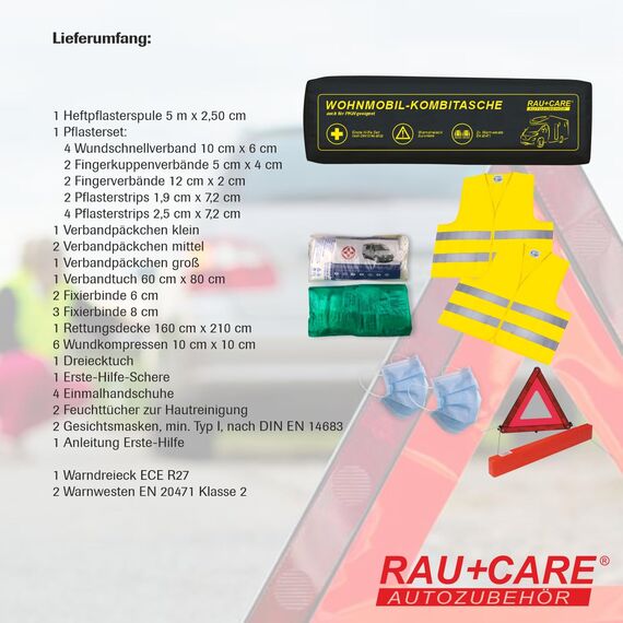 QUATTRO Kombitasche schwarz (4 in 1) aktuell 2026 – Alles inklusive : Warndreieck + 2 Warnwesten + Verbandtasche DIN 13164 – geprüft StVO konform - Europaweit einsetzbar – Pannenset - Notfallset