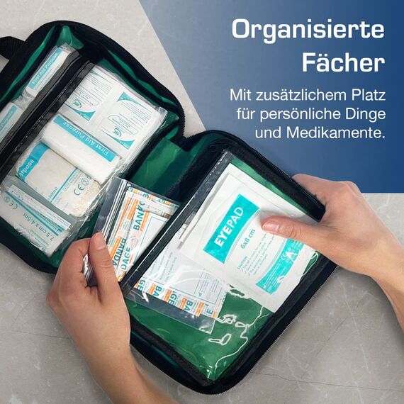 Erste Hilfe Set - 90-teiliges Premium Erste-Hilfe-Set - enthält Sofort Kühlpacks, Augenspülung, Rettungsdecke für zu Hause, Büro oder Auto - Grün