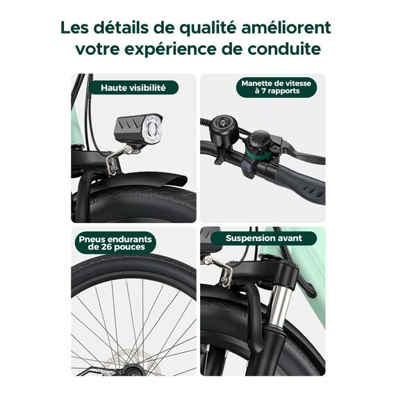 MileCity1 26" E-Bike für Erwachsene, 7 Gang Elektrofahrrad mit Austauschbarem 36V 13Ah Akku, 25 km/h und 80–100km Reichweite E-Bike für Städtische Pendler, IP65 Wasserdicht (MileCity1, Grün)