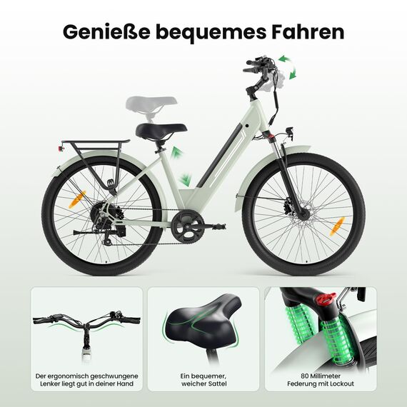 Touroll J1 Pro E-Bike 27,5 Zoll Tiefeinsteiger Elektrofahrrad für Damen Herren, 250W Pedelec mit Hydraulischen Scheibenbremsen, 36V 15,6Ah Akku bis 100km, 7-Gang Citybike mit StVZO, Grün