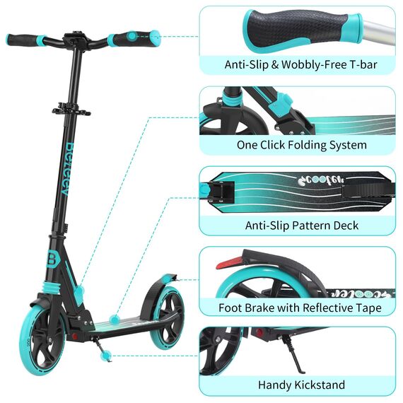 BELEEV Big Wheel Scooter mit LED Leuchtenden Lenksäule, Deck, Höhenverstellbar, ABEC-9, 200mm Räder,Federung,Tragegurt, Faltbare Cityroller Kinder ab 6 Jahre,Jugendliche,Erwachsene, Tretroller