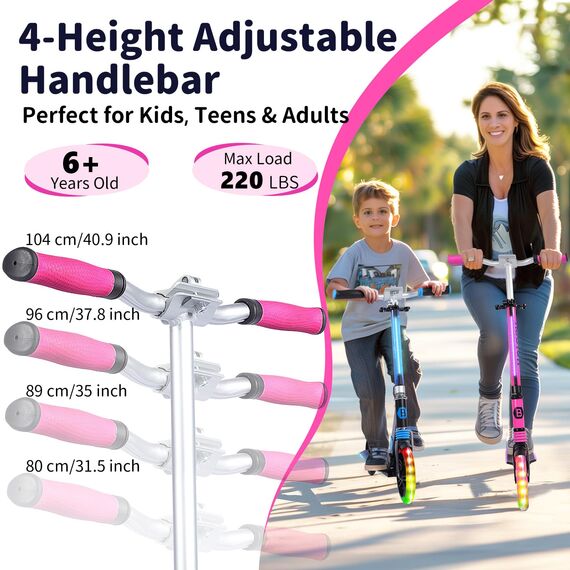 BELEEV Big Wheel Scooter mit LED Leuchtenden Lenksäule, Deck, Wheels, Höhenverstellbar, ABEC-9, 200mm Räder,Federung,Tragegurt, Faltbare Cityroller Kinder ab 6 Jahre,Jugendliche,Erwachsene, Tretroller