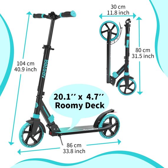 BELEEV Big Wheel Scooter mit LED Leuchtenden Lenksäule, Deck, Höhenverstellbar, ABEC-9, 200mm Räder,Federung,Tragegurt, Faltbare Cityroller Kinder ab 6 Jahre,Jugendliche,Erwachsene, Tretroller