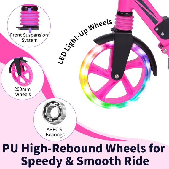 BELEEV Big Wheel Scooter mit LED Leuchtenden Lenksäule, Deck, Wheels, Höhenverstellbar, ABEC-9, 200mm Räder,Federung,Tragegurt, Faltbare Cityroller Kinder ab 6 Jahre,Jugendliche,Erwachsene, Tretroller