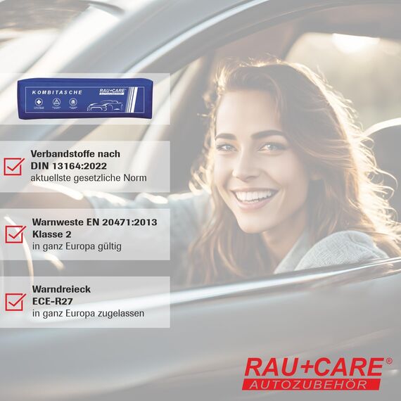 Rau Kfz Kombitasche blau 3 in 1 - aktuelle 2026 Norm - geprüft – inklusive Warndreieck, Warnweste – Verbandtasche Auto DIN 13164:2022 - alles StVO konform - Europaweit gültig