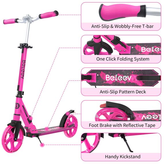 BELEEV Big Wheel Scooter mit LED Leuchtenden Lenksäule, Deck, Wheels, Höhenverstellbar, ABEC-9, 200mm Räder,Federung,Tragegurt, Faltbare Cityroller Kinder ab 6 Jahre,Jugendliche,Erwachsene, Tretroller