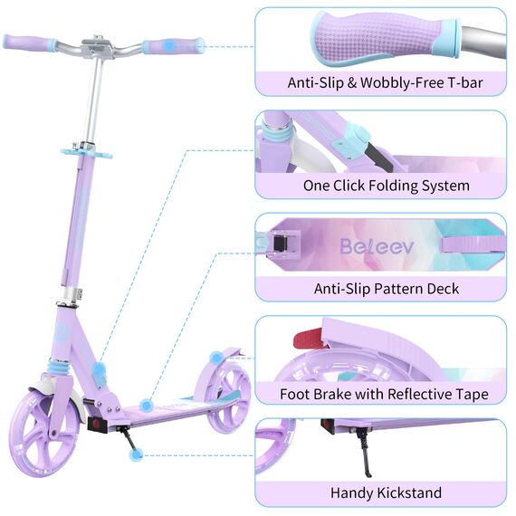 BELEEV Big Wheel Scooter mit LED Leuchtenden Lenksäule, Deck, Wheels, Höhenverstellbar, ABEC-9, 200mm Räder,Federung,Tragegurt, Faltbare Cityroller Kinder ab 6 Jahre,Jugendliche,Erwachsene, Tretroller