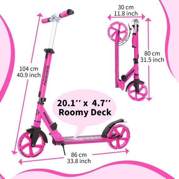 BELEEV Big Wheel Scooter mit LED Leuchtenden Lenksäule, Deck, Wheels, Höhenverstellbar, ABEC-9, 200mm Räder,Federung,Tragegurt, Faltbare Cityroller Kinder ab 6 Jahre,Jugendliche,Erwachsene, Tretroller
