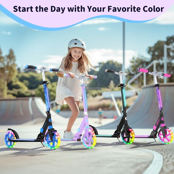 BELEEV Big Wheel Scooter mit LED Leuchtenden Lenksäule, Deck, Wheels, Höhenverstellbar, ABEC-9, 200mm Räder,Federung,Tragegurt, Faltbare Cityroller Kinder ab 6 Jahre,Jugendliche,Erwachsene, Tretroller