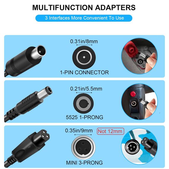 Mezelon E Scooter Ladegerät, Universal 42V 2A Ladekabel für 36V Akku Elektroroller/Hoverboard/E-Bike, AC Netzteil Ladegerät mit 3 Anschlussköpfen Ausgestattet