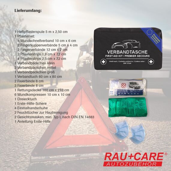 RAU KFZ-Verbandtasche schwarz - Inhalt: Erste Hilfe-Set nach DIN 13164 aktueller Stand - zertifiziert - für PKW- Motorrad- In- und Ausland