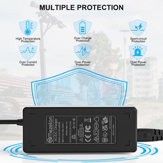 Mezelon E Scooter Ladegerät, Universal 42V 2A Ladekabel für 36V Akku Elektroroller/Hoverboard/E-Bike, AC Netzteil Ladegerät mit 3 Anschlussköpfen Ausgestattet