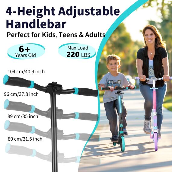 BELEEV Big Wheel Scooter mit LED Leuchtenden Lenksäule, Deck, Höhenverstellbar, ABEC-9, 200mm Räder,Federung,Tragegurt, Faltbare Cityroller Kinder ab 6 Jahre,Jugendliche,Erwachsene, Tretroller