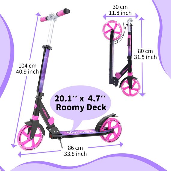 BELEEV Big Wheel Scooter mit LED Leuchtenden Lenksäule, Deck, Wheels, Höhenverstellbar, ABEC-9, 200mm Räder,Federung,Tragegurt, Faltbare Cityroller Kinder ab 6 Jahre,Jugendliche,Erwachsene, Tretroller