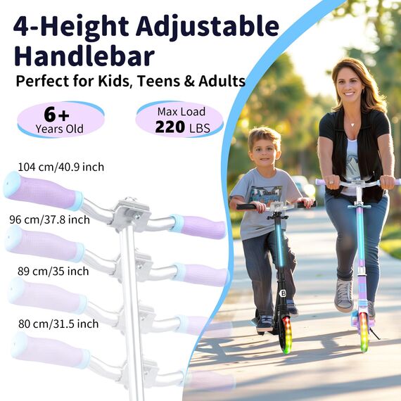 BELEEV Big Wheel Scooter mit LED Leuchtenden Lenksäule, Deck, Wheels, Höhenverstellbar, ABEC-9, 200mm Räder,Federung,Tragegurt, Faltbare Cityroller Kinder ab 6 Jahre,Jugendliche,Erwachsene, Tretroller