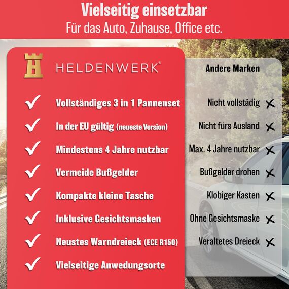 HELDENWERK 3 in 1 Erste Hilfe Set Auto 2026 europaweit einsetzbar & geprüft (StVO konform) I KFZ Kombitasche mit Warnweste, Warndreieck & Verbandkasten I Unfall Zubehör Set, PKW-Notfallset, Pannenset