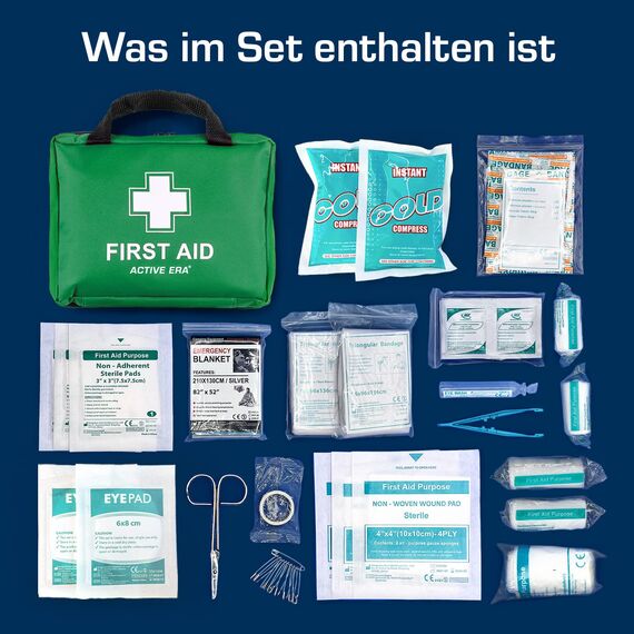 Erste Hilfe Set - 90-teiliges Premium Erste-Hilfe-Set - enthält Sofort Kühlpacks, Augenspülung, Rettungsdecke für zu Hause, Büro oder Auto - Grün