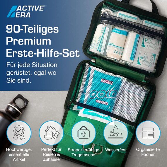Erste Hilfe Set - 90-teiliges Premium Erste-Hilfe-Set - enthält Sofort Kühlpacks, Augenspülung, Rettungsdecke für zu Hause, Büro oder Auto - Grün