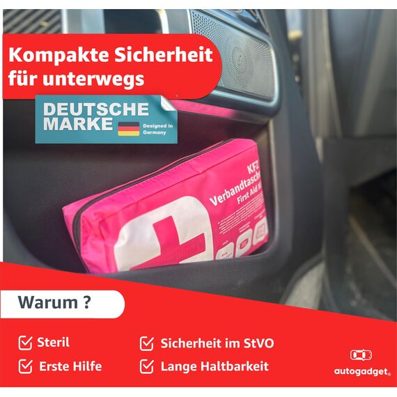 Verbandstasche KFZ Norm 2026 mit Beatmungstücher - Verbandskasten Auto - DIN13164:2022 - Erste Hilfe Set - Verbandskasten StVO konform (Pink)