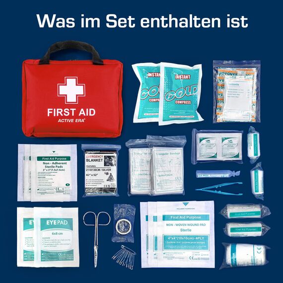 Active Era Erste Hilfe Set, 90-teilige Premium Erste Hilfe Tasche - Verbandskasten inkl. Sofort Kühlpacks, Augenspülung, Verbandsmaterial, Rettungsdecke für Zuhause, Büro - First Aid Kit ISO 13485