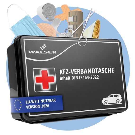 WALSER Erste Hilfe Set Auto 2026, Verbandskasten Auto Auszeichnung Sehr Gut*, KFZ Verbandskasten 2026 europaweit nutzbar Erste Hilfe Kasten, KFZ Verbandstasche, Erste-Hilfe-Set Verbandkasten DIN 13164