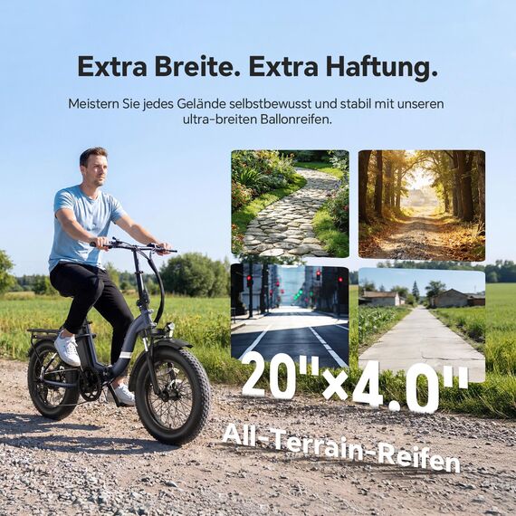 Touroll S2 2026 Klappbar E-Bike Herren, 250W 650W Peak Fatbike, 20"×4.0" All-Terrain Reifen, 150 km Reichweite, 720Wh Akku, StVZO Straßenzulassung – Elektrofahrrad für Stadt, Offroad & Pendler