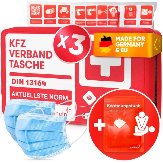 PURAHELP 3x KFZ Verbandskasten nach aktueller Norm 2026 DIN 13164 (StVO konform) - Inkl. Beatmungstuch - Erste Hilfe Set Auto Verbandskasten 2026
