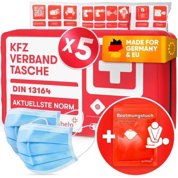 PURAHELP 5x KFZ Verbandskasten nach aktueller Norm 2026 DIN 13164 (StVO konform) - Inkl. Beatmungstuch - Erste Hilfe Set Auto Verbandskasten 2026