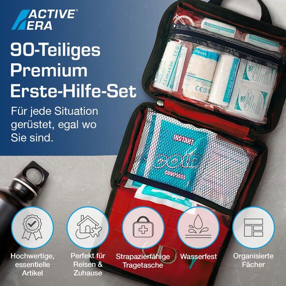 Active Era Erste Hilfe Set, 90-teilige Premium Erste Hilfe Tasche - Verbandskasten inkl. Sofort Kühlpacks, Augenspülung, Verbandsmaterial, Rettungsdecke für Zuhause, Büro - First Aid Kit ISO 13485