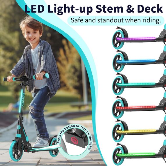 BELEEV Big Wheel Scooter mit LED Leuchtenden Lenksäule, Deck, Höhenverstellbar, ABEC-9, 200mm Räder,Federung,Tragegurt, Faltbare Cityroller Kinder ab 6 Jahre,Jugendliche,Erwachsene, Tretroller
