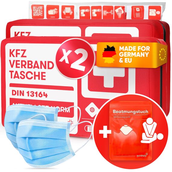 PURAHELP 2x KFZ Verbandskasten nach aktueller Norm 2026 DIN 13164 (StVO konform) - Inkl. Beatmungstuch - Erste Hilfe Set Auto Verbandskasten 2026