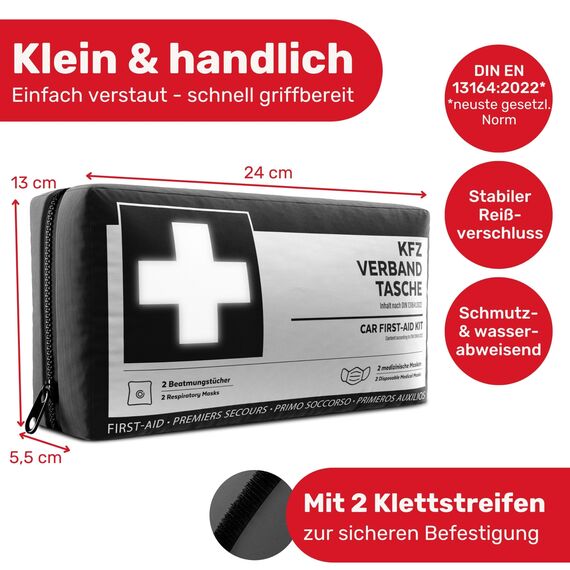 KFZ Verbandstasche nach aktueller Norm 2026 inkl. Beatmungstüchern - KFZ Verbandskasten europaweit nutzbar - Erste Hilfe Set Verbandkasten DIN 13164:2022 (StVO konform)
