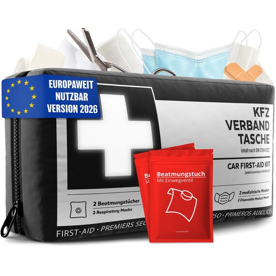 KFZ Verbandstasche nach aktueller Norm 2026 inkl. Beatmungstüchern - KFZ Verbandskasten europaweit nutzbar - Erste Hilfe Set Verbandkasten DIN 13164:2022 (StVO konform)