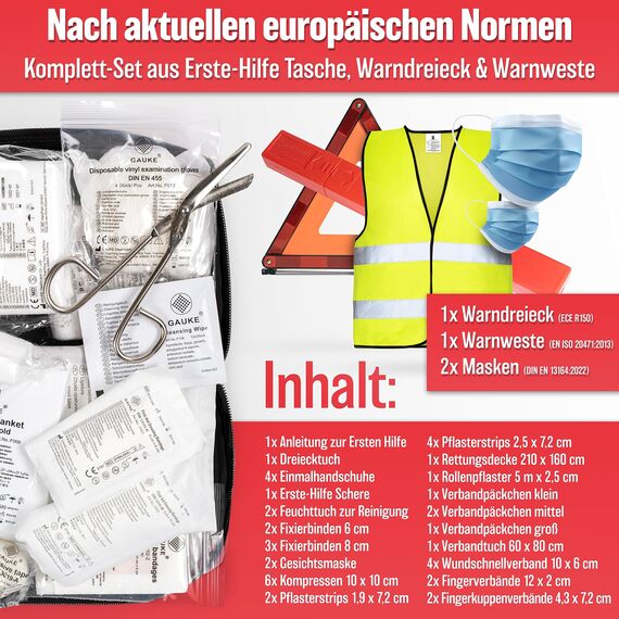 HELDENWERK 3 in 1 Erste Hilfe Set Auto 2026 europaweit einsetzbar & geprüft (StVO konform) I KFZ Kombitasche mit Warnweste, Warndreieck & Verbandkasten I Unfall Zubehör Set, PKW-Notfallset, Pannenset