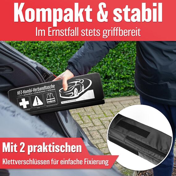 HELDENWERK 3 in 1 Erste Hilfe Set Auto 2026 europaweit einsetzbar & geprüft (StVO konform) I KFZ Kombitasche mit Warnweste, Warndreieck & Verbandkasten I Unfall Zubehör Set, PKW-Notfallset, Pannenset
