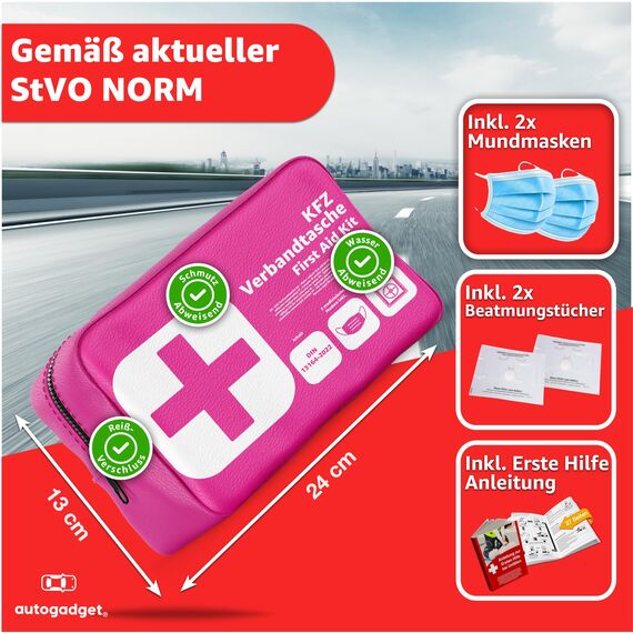 Verbandstasche KFZ Norm 2026 mit Beatmungstücher - Verbandskasten Auto - DIN13164:2022 - Erste Hilfe Set - Verbandskasten StVO konform (Pink)
