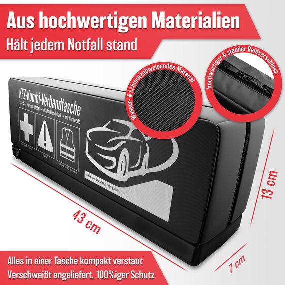 HELDENWERK 3 in 1 Erste Hilfe Set Auto 2026 europaweit einsetzbar & geprüft (StVO konform) I KFZ Kombitasche mit Warnweste, Warndreieck & Verbandkasten I Unfall Zubehör Set, PKW-Notfallset, Pannenset