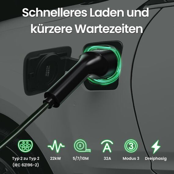 GONEO Typ 2 Ladekabel 22kW 7M 32A Ladekabel Elektroauto Typ 2 3 Phasig für E Auto EV/PHEV Modus 3 mit Tasche Geeignet für Model S/3/X/Y e-Golf ID.3 i3/i8