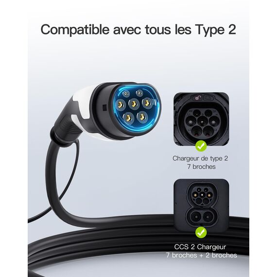 tomons Typ 2 Ladekabel, 22KW 7M 32A 3-Phasig,Elektroauto Typ 2 für EV/PHEV, Typ 2 auf Typ 2 EV mit Tragetasche und Mikrofasertuch für Model S/3/X/Y, ID.3, ID.4