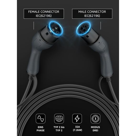 bokman Typ 2 Ladekabel, Modus 3 / 32A / 7,2 kW / 1-Phasig / 3,5 Meter, Typ 2 auf Typ 2 EV Ladekabel für Elektroauto mit Tragetasche und Mikrofasertuch