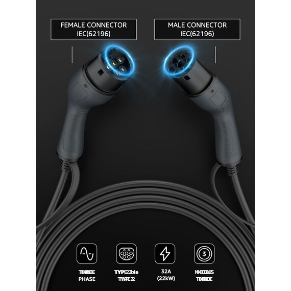 bokman Typ 2 Ladekabel, 22 kW / 32A / 3-Phasig / 10 Meter/Modus 3, Typ 2 auf Typ 2 EV Ladekabel für Elektroauto mit Tragetasche und Mikrofasertuch